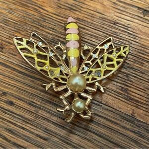 Vintage Pink Yellow Gold Pearl Dragonfly Brooch Unsigned